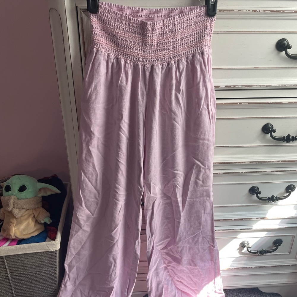 Pink Flowy Pants with Elastic Waist